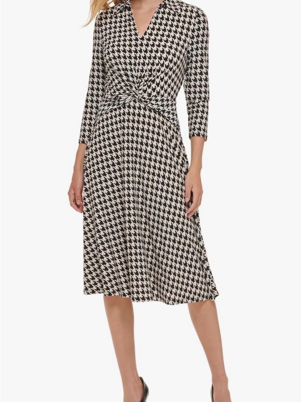 Tommy Hilfiger Black & White Houndstooth Twist-Front Midi Dress